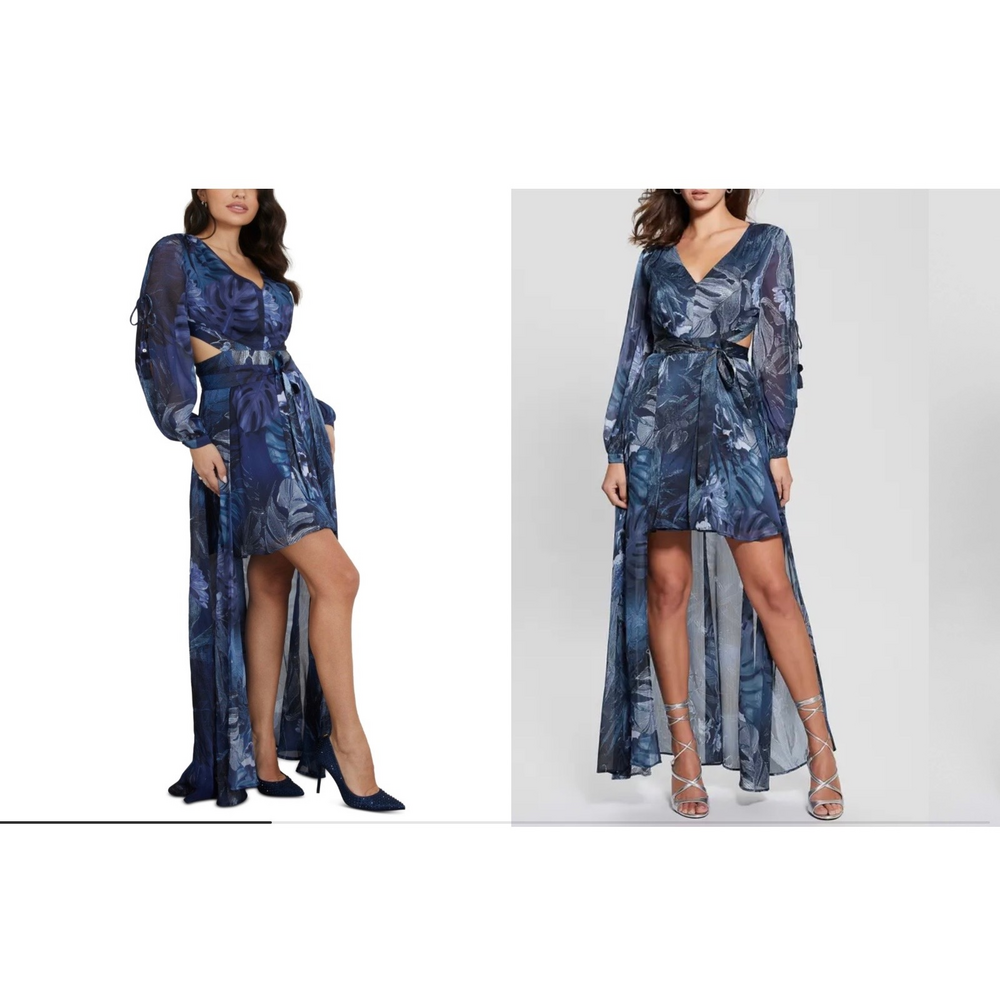 Guess Farrah long sleeve Chiffon High-Low Dress XS in Blue - Picture 6 of 6